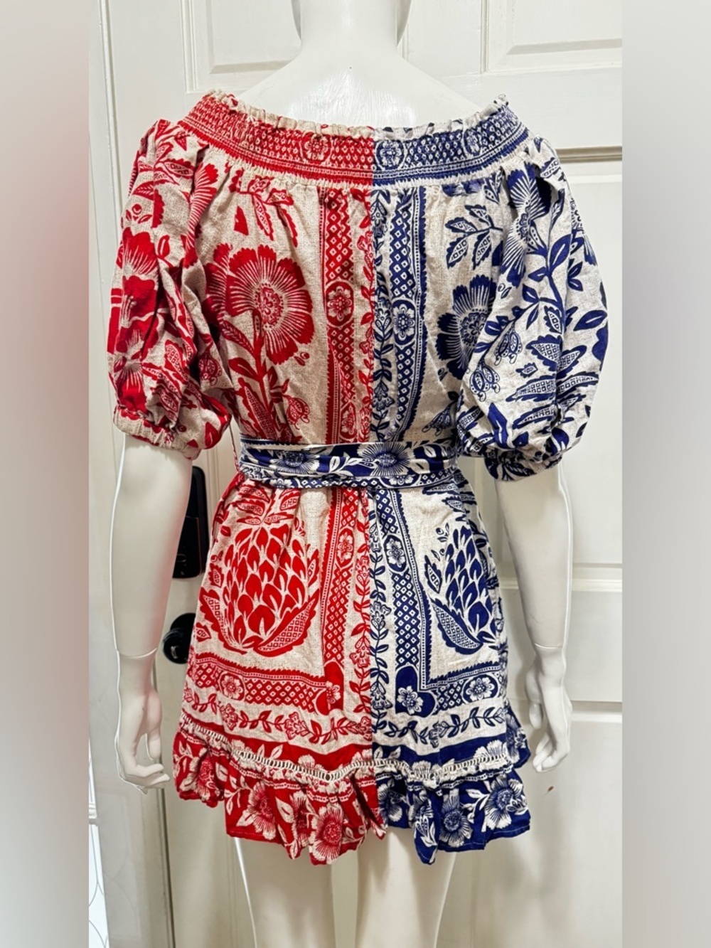 Farm Rio Mixed Pineapple Garden Mini Dress Sz S Red Blue Linen Blend Tie Waist - Picture 7 of 12